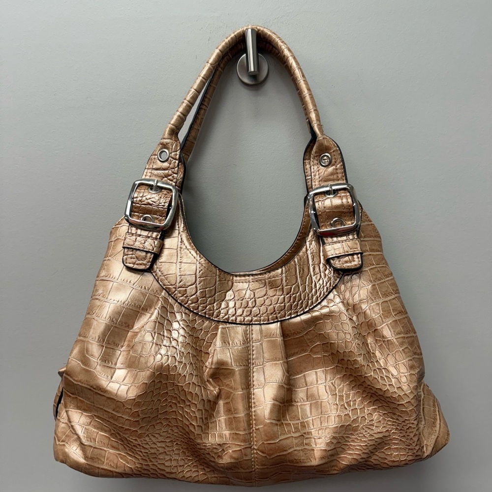 New Directions Elegant Crocodile-Embossed Shimmery Gold Tan Handbag